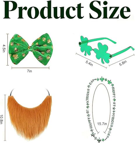5 Pcs St. Patrick's Day Leprechaun Costume Suit Set Hat Fake Beard Bow Tie Clover Glasses Shamrock Necklace St Patricks Day Accessories Irish Theme for Men Woman in Saudi Arabia