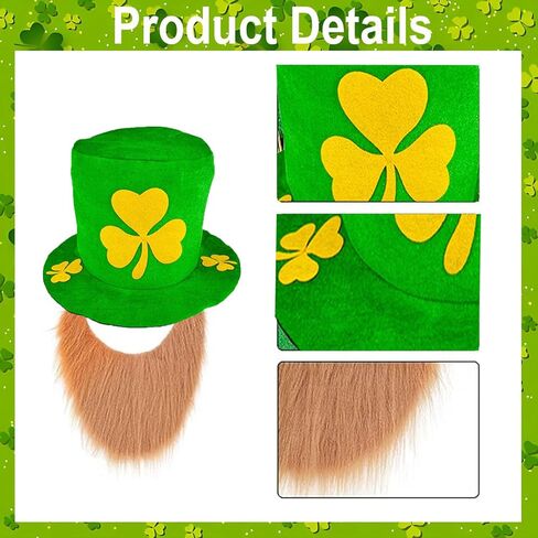 5 Pcs St. Patrick's Day Leprechaun Costume Suit Set Hat Fake Beard Bow Tie Clover Glasses Shamrock Necklace St Patricks Day Accessories Irish Theme for Men Woman in Saudi Arabia