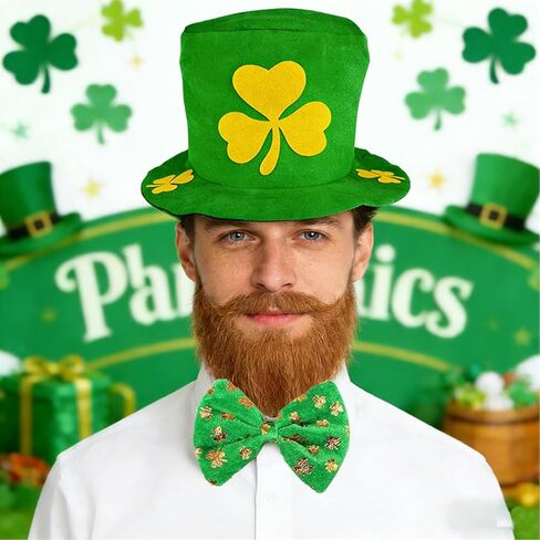 5 Pcs St. Patrick's Day Leprechaun Costume Suit Set Hat Fake Beard Bow Tie Clover Glasses Shamrock Necklace St Patricks Day Accessories Irish Theme for Men Woman in Saudi Arabia