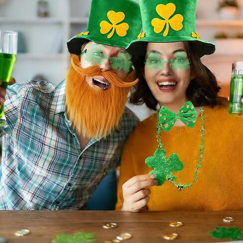 5 Pcs St. Patrick's Day Leprechaun Costume Suit Set Hat Fake Beard Bow Tie Clover Glasses Shamrock Necklace St Patricks Day Accessories Irish Theme for Men Woman in Saudi Arabia
