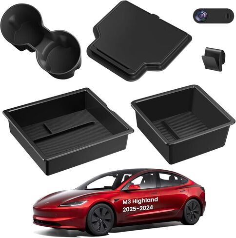 Center Console Organizer Tray for Tesla Model Y 2024 2023-2020, BANKKY 5PCS Interior Accessories with Armrest Storage Tray, Hidden Storage Box, Cup Holder Insert, Center Console Wireless Charger Mat in Kuwait