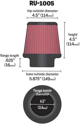 K&N Universal Clamp-On Air Intake Filter: High Performance, Premium Washable, Replacement Filter: Flange Diameter: 4.5 In, Filter Height: 4.5 In, Flange Length: 0.625 In, Shape: Round Tapered, RU-1005 in Saudi Arabia