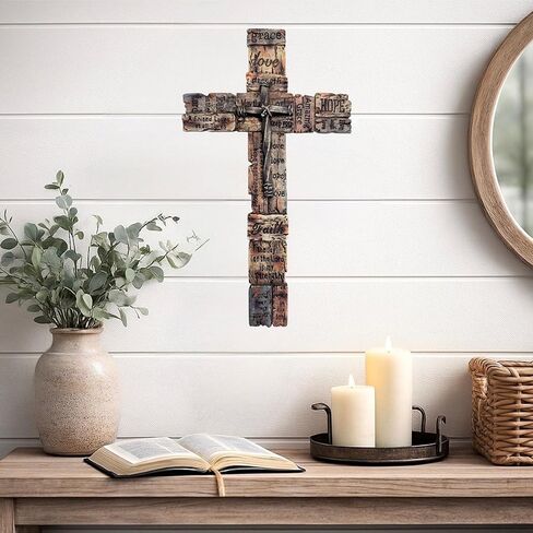 Top Brass Inspirational Rustic Wood-Look Wall Cross with Faux Iron Center – Resin Scripture Cross - Religious Sayings Jesus Art Sculpture in Saudi Arabia