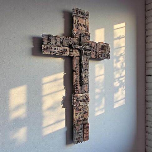Top Brass Inspirational Rustic Wood-Look Wall Cross with Faux Iron Center – Resin Scripture Cross - Religious Sayings Jesus Art Sculpture in Saudi Arabia