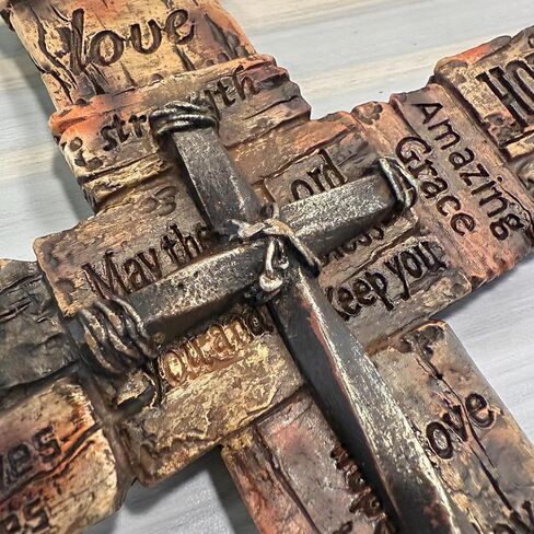 Top Brass Inspirational Rustic Wood-Look Wall Cross with Faux Iron Center – Resin Scripture Cross - Religious Sayings Jesus Art Sculpture in Saudi Arabia