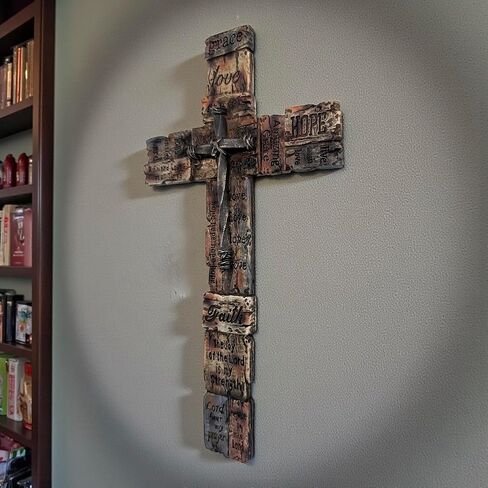 Top Brass Inspirational Rustic Wood-Look Wall Cross with Faux Iron Center – Resin Scripture Cross - Religious Sayings Jesus Art Sculpture in Saudi Arabia
