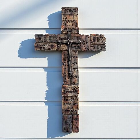 Top Brass Inspirational Rustic Wood-Look Wall Cross with Faux Iron Center – Resin Scripture Cross - Religious Sayings Jesus Art Sculpture in Saudi Arabia