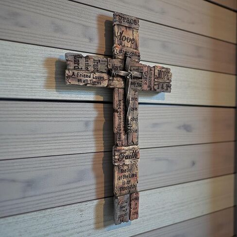 Top Brass Inspirational Rustic Wood-Look Wall Cross with Faux Iron Center – Resin Scripture Cross - Religious Sayings Jesus Art Sculpture in Saudi Arabia