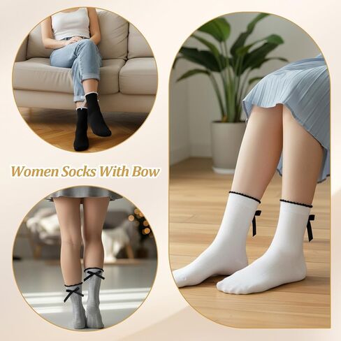 6Pairs Cute Ruffle Bow Socks for Women, Ruffle Frilly Ankle Crew Socks Coquette Soft Breathable Cotton Socks for Women in Saudi Arabia