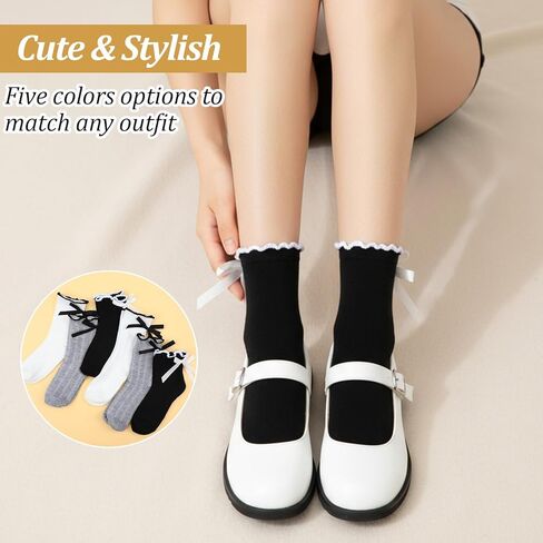 6Pairs Cute Ruffle Bow Socks for Women, Ruffle Frilly Ankle Crew Socks Coquette Soft Breathable Cotton Socks for Women in Saudi Arabia