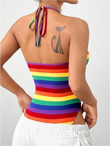Women's Rainbow Striped Bodysuits Shirts Tie Backless Halter Top Sleeveless Pride Shirt in Saudi Arabia