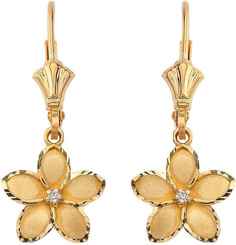 Dainty 14k Yellow Gold Hawaiian Flower Plumeria Diamond Dangle Earrings (1.0") in Saudi Arabia