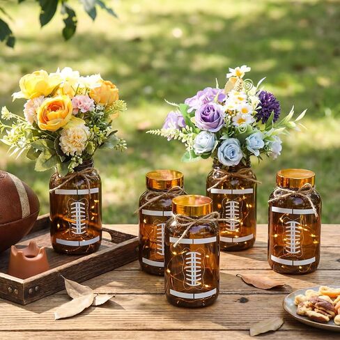6 Sets Football Centerpieces for Table LED Light Football Mason Jars Vase Table Toppers Decor for Home Touch Down Rugby Day Decoration for Game Sports Birthday Party Supplies in Saudi Arabia