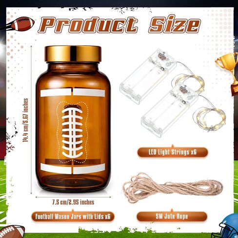 6 Sets Football Centerpieces for Table LED Light Football Mason Jars Vase Table Toppers Decor for Home Touch Down Rugby Day Decoration for Game Sports Birthday Party Supplies in Saudi Arabia