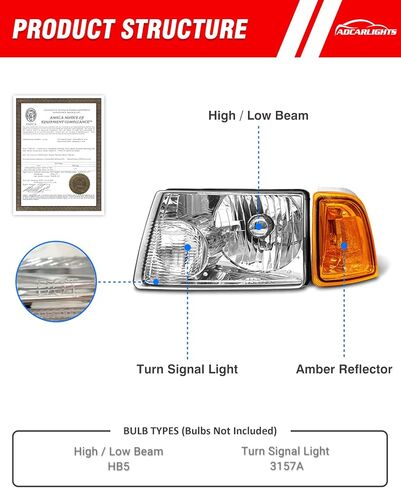 fit 2001-2011 Ford Ranger Headlamp for 01 02 03 04 05 06 07 08 09 10 11 Ranger Headlight Assembly with Clear Lens Chrome Housing Amber Reflector Replacement Driver Passenger Side in Saudi Arabia