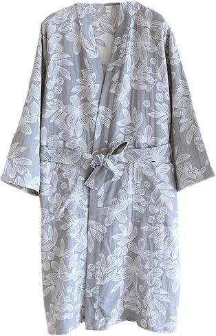 روب نسائي، شاش قطني 3/4 كم، روب حمام طويل مزين بالزهور، رداء حمام ناعم، معطف منزلي، ملابس نوم in Kuwait