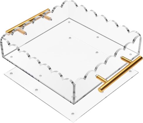 Acrylic Scalloped Tray 10'' X 10'' Acrylic Tray with Magnetic Mat and Handles for Customizable Picture, Scalloped Tray for Bathroom Kitchen Living Room Decor Vanity Perfume in Saudi Arabia