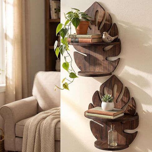 2 Pack Double Layer Palm Leaf Wall Shelves 15.8 x 12.4 Inch Wooden Hanging Shelves with Vintage Hollow Design, Tropical Wall Art for Living Room, Kitchen, Bedroom, Office Decor in Saudi Arabia
