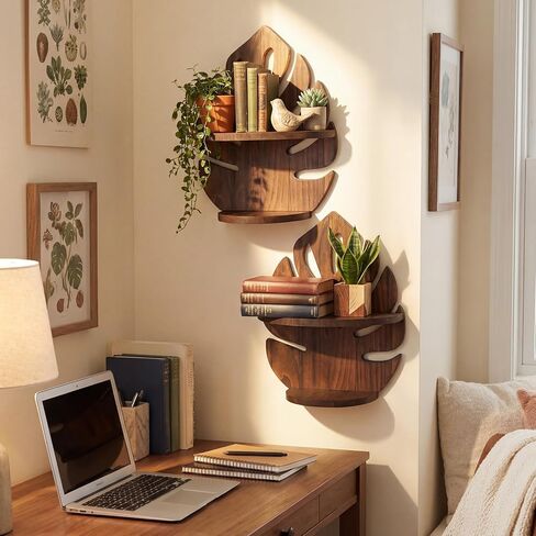 2 Pack Double Layer Palm Leaf Wall Shelves 15.8 x 12.4 Inch Wooden Hanging Shelves with Vintage Hollow Design, Tropical Wall Art for Living Room, Kitchen, Bedroom, Office Decor in Saudi Arabia
