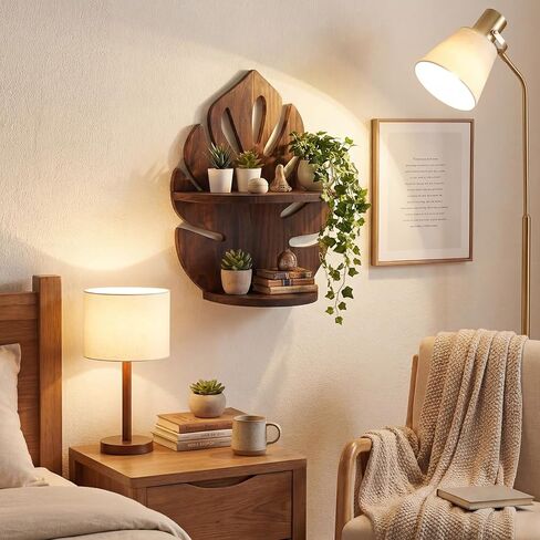 2 Pack Double Layer Palm Leaf Wall Shelves 15.8 x 12.4 Inch Wooden Hanging Shelves with Vintage Hollow Design, Tropical Wall Art for Living Room, Kitchen, Bedroom, Office Decor in Saudi Arabia