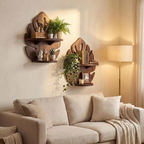 2 Pack Double Layer Palm Leaf Wall Shelves 15.8 x 12.4 Inch Wooden Hanging Shelves with Vintage Hollow Design, Tropical Wall Art for Living Room, Kitchen, Bedroom, Office Decor in Saudi Arabia