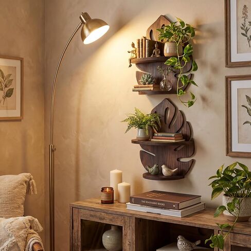 2 Pack Double Layer Palm Leaf Wall Shelves 15.8 x 12.4 Inch Wooden Hanging Shelves with Vintage Hollow Design, Tropical Wall Art for Living Room, Kitchen, Bedroom, Office Decor in Saudi Arabia