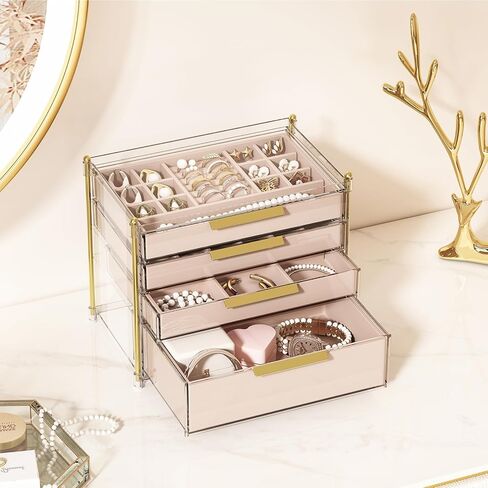 منظمو صناديق المجوهرات ذات 4 أدراج من FOLLOWIN وتخزينها مع إطار PET شفاف، حقيبة تخزين مجوهرات بغطاء شفاف للنساء، منظم حامل سوار وقلادة وحلقة القرط in Kuwait