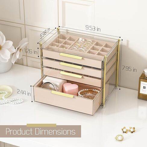 منظمو صناديق المجوهرات ذات 4 أدراج من FOLLOWIN وتخزينها مع إطار PET شفاف، حقيبة تخزين مجوهرات بغطاء شفاف للنساء، منظم حامل سوار وقلادة وحلقة القرط in Kuwait