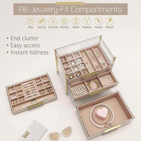 منظمو صناديق المجوهرات ذات 4 أدراج من FOLLOWIN وتخزينها مع إطار PET شفاف، حقيبة تخزين مجوهرات بغطاء شفاف للنساء، منظم حامل سوار وقلادة وحلقة القرط in Kuwait