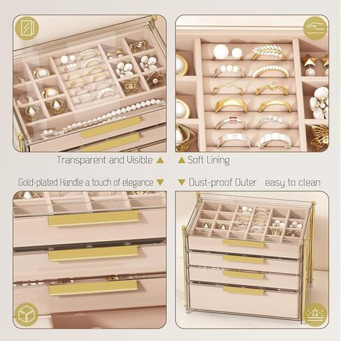 منظمو صناديق المجوهرات ذات 4 أدراج من FOLLOWIN وتخزينها مع إطار PET شفاف، حقيبة تخزين مجوهرات بغطاء شفاف للنساء، منظم حامل سوار وقلادة وحلقة القرط in Kuwait