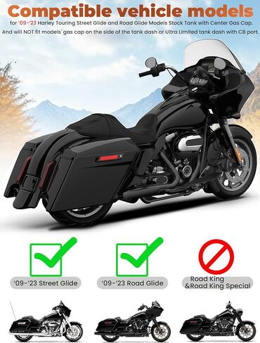 Vivid Black Stretched Tank Covers Extended Gallon Fuel Shrouds Protection&Low-Profile Tank Dash Console&Pop-Up Fuel Tank Cap Compatible with Harley Touring Street Glide,Road Glide,Tri Glide 2009-2023 in Kuwait