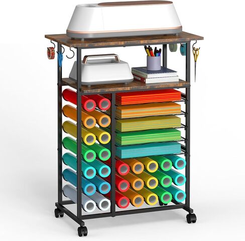 SHINOSKE Rolling Craft Storage Cart with 29 Vinyl Roll Holders & 6 Hooks,Compatible with Craft Cutting Machines,Multi-Tier Small Craft Table for Craft Supplies & Accessories,Heat Press,White in Saudi Arabia