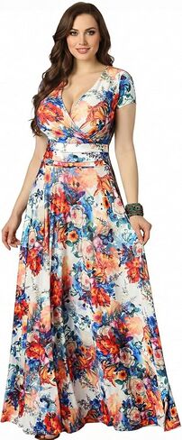 KOH KOH Womens Short Cap Sleeves Abstract Flower Print Long Maxi Dress Gown in Kuwait