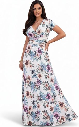 KOH KOH Womens Long Cap Sleeves Floral Print V-Neck Summer Sundress Maxi Dress in Kuwait