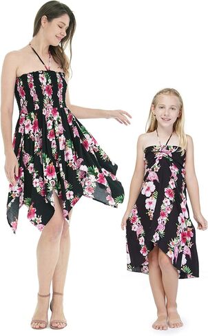 Matchable Hawaiian Luau Mother Daughter Women Fairy Dress or Girl Halter Dress in Pink Black Hibiscus Vine in Saudi Arabia