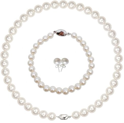SukAmi White Pearl Jewelry Set Women S925 Silver Pearl Earrings Pearls Necklace Set 42cm Pearl Bracele 19cm in Saudi Arabia