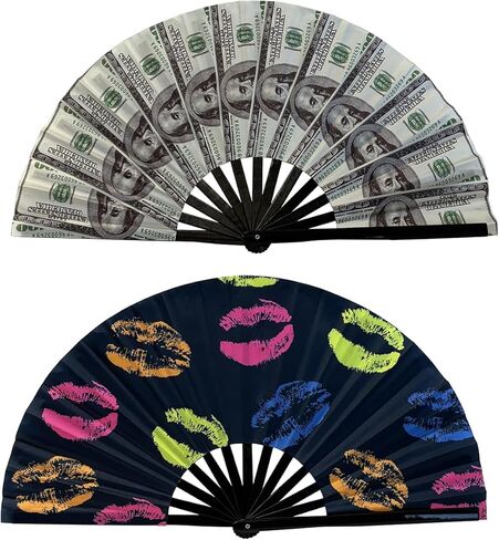 مروحة قابلة للطي بالأشعة فوق البنفسجية متوهجة مقاس 25 بوصة من الخيزران مروحة يد صيفية للشفاه + ديكور بالدولار لحفلات الرقص وحفلات الزفاف والنادي الليلي والمهرجانات الكبيرة in Kuwait