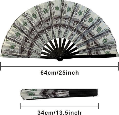 مروحة قابلة للطي بالأشعة فوق البنفسجية متوهجة مقاس 25 بوصة من الخيزران مروحة يد صيفية للشفاه + ديكور بالدولار لحفلات الرقص وحفلات الزفاف والنادي الليلي والمهرجانات الكبيرة in Kuwait