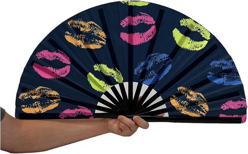 مروحة قابلة للطي بالأشعة فوق البنفسجية متوهجة مقاس 25 بوصة من الخيزران مروحة يد صيفية للشفاه + ديكور بالدولار لحفلات الرقص وحفلات الزفاف والنادي الليلي والمهرجانات الكبيرة in Kuwait