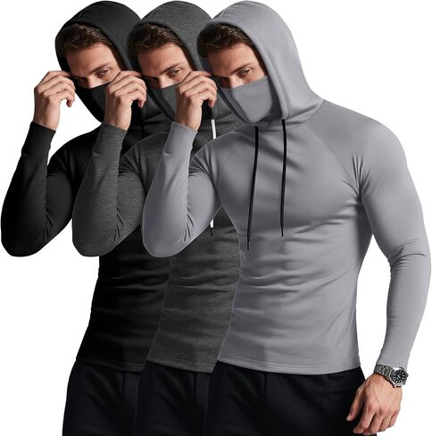 3 Pack Men's Hoodies with Mask Raglan Long Sleeve Sports Tops Compression Hooded Shirts Active Running Tees in Kuwait