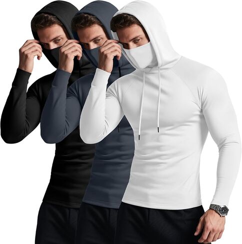 3 Pack Men's Hoodies with Mask Raglan Long Sleeve Sports Tops Compression Hooded Shirts Active Running Tees in Saudi Arabia