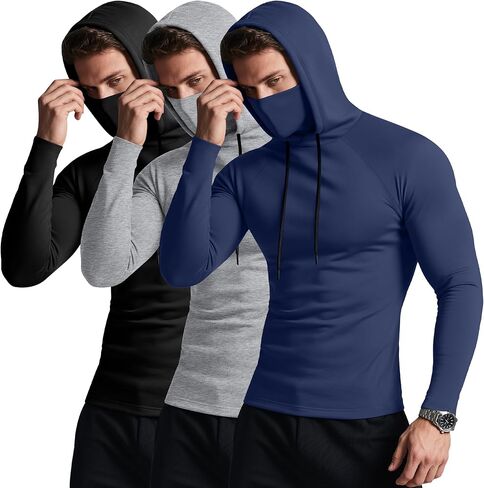 3 Pack Men's Hoodies with Mask Raglan Long Sleeve Sports Tops Compression Hooded Shirts Active Running Tees in Saudi Arabia