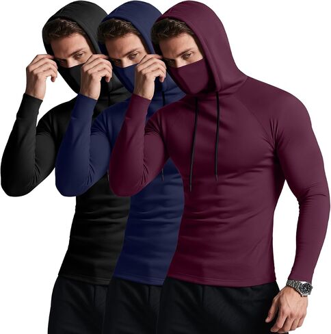 3 Pack Men's Hoodies with Mask Raglan Long Sleeve Sports Tops Compression Hooded Shirts Active Running Tees in Saudi Arabia
