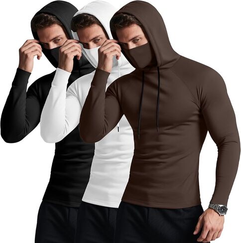 3 Pack Men's Hoodies with Mask Raglan Long Sleeve Sports Tops Compression Hooded Shirts Active Running Tees in Saudi Arabia