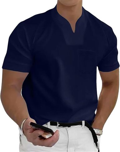 Casual Polo Shirts for Men V Neck Short Sleeve Stretchy Tees Gym Athletic Jogging Tees Summer Loose Fit Simple Tops in Saudi Arabia