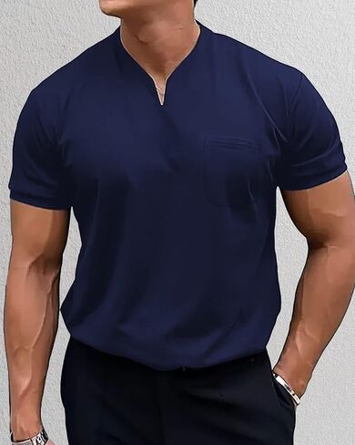 Casual Polo Shirts for Men V Neck Short Sleeve Stretchy Tees Gym Athletic Jogging Tees Summer Loose Fit Simple Tops in Saudi Arabia