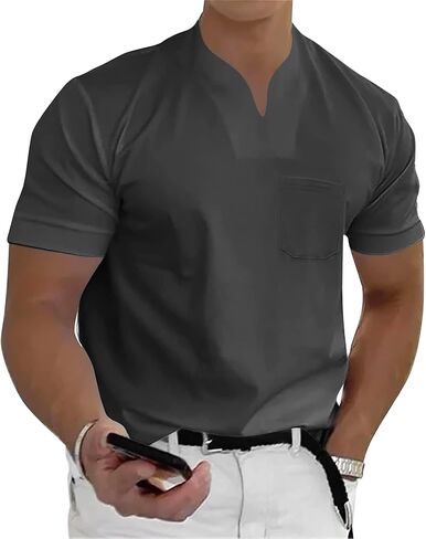 Casual Polo Shirts for Men V Neck Short Sleeve Stretchy Tees Gym Athletic Jogging Tees Summer Loose Fit Simple Tops in Saudi Arabia