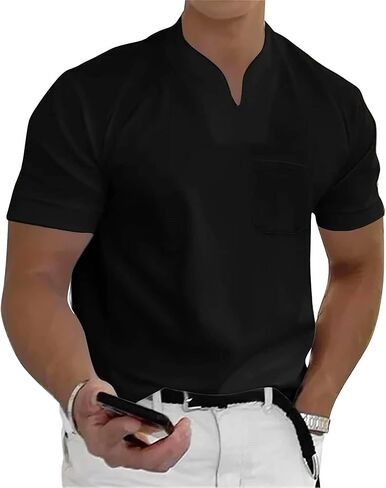 Casual Polo Shirts for Men V Neck Short Sleeve Stretchy Tees Gym Athletic Jogging Tees Summer Loose Fit Simple Tops in Saudi Arabia
