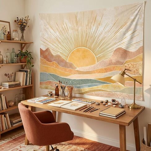 lifeel boho الشمس نسيج الجبل، خمر الحد الأدنى غروب الشمس هندسية البوهيمية الفن التجريدي المفروشات لغرفة النوم غرفة المعيشة، 36x48 بوصة in Kuwait