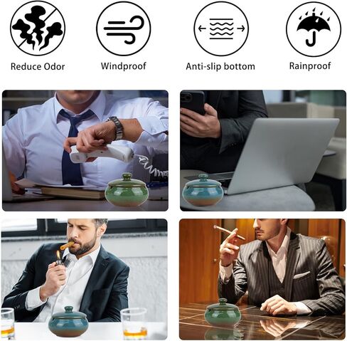 Ceramic Ashtray with Lid, Windproof Cigarette Ashtray for Indoor or Outdoor Use, Portable Decorative Ashtray Holder, Smoking Ash Tray for Decor Home, Desktop, Office, Patio, Parties in Kuwait